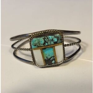Vintage Native Turquoise Mother of Pearl Inlay Sterling Silver Cuff Bracelet
